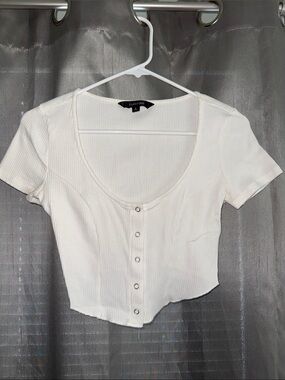 Glassons Cream Ribbed Scoop-Neck Button Crop Top